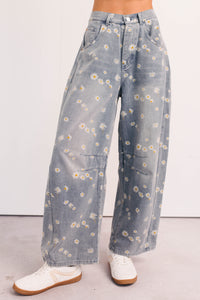 Rae Floral Stripe Wide Leg Barrel Jeans (Denim) - NanaMacs