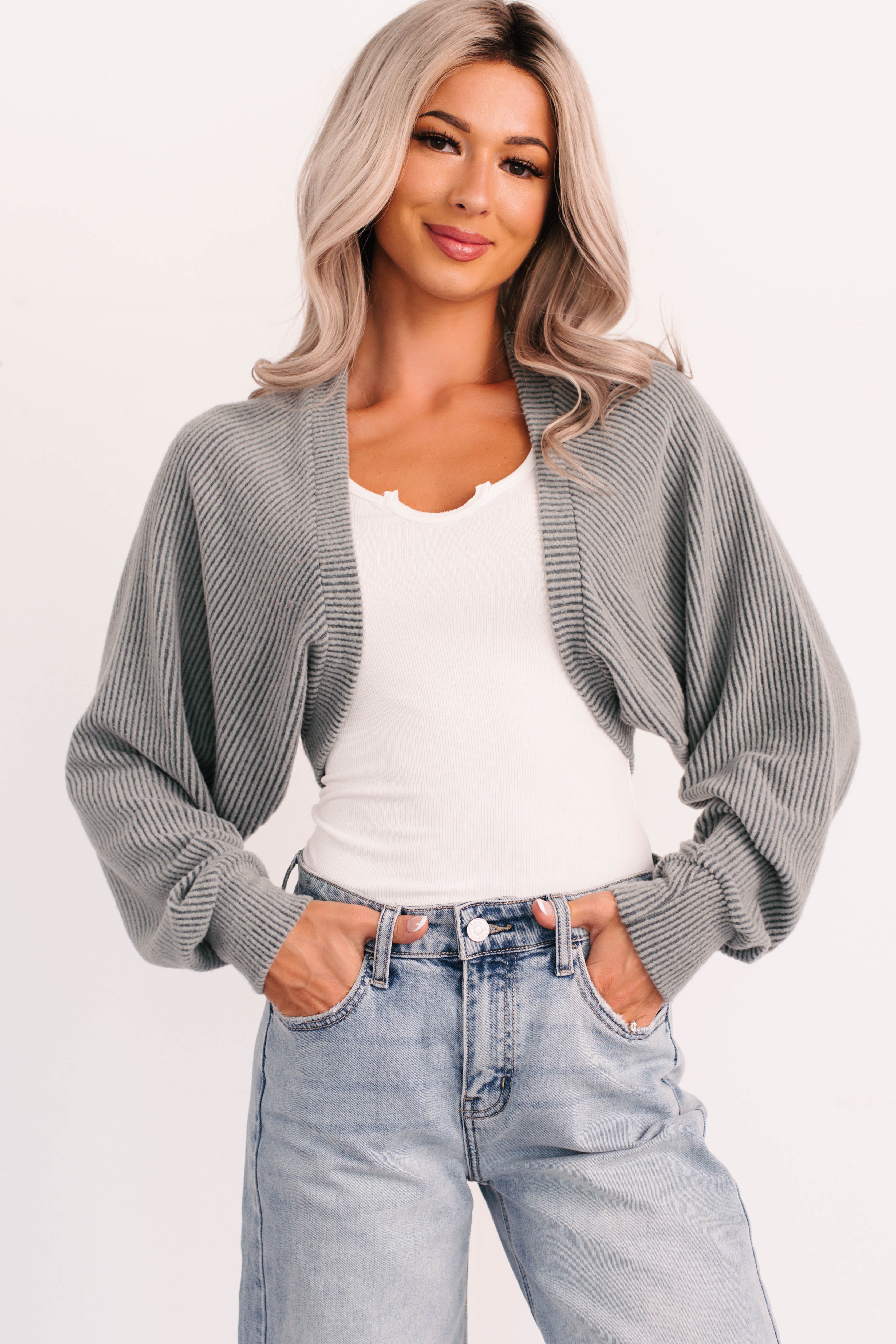 Lounge Cloud Ribbed Long Sleeve Shrug (Green Moss) - NanaMacs