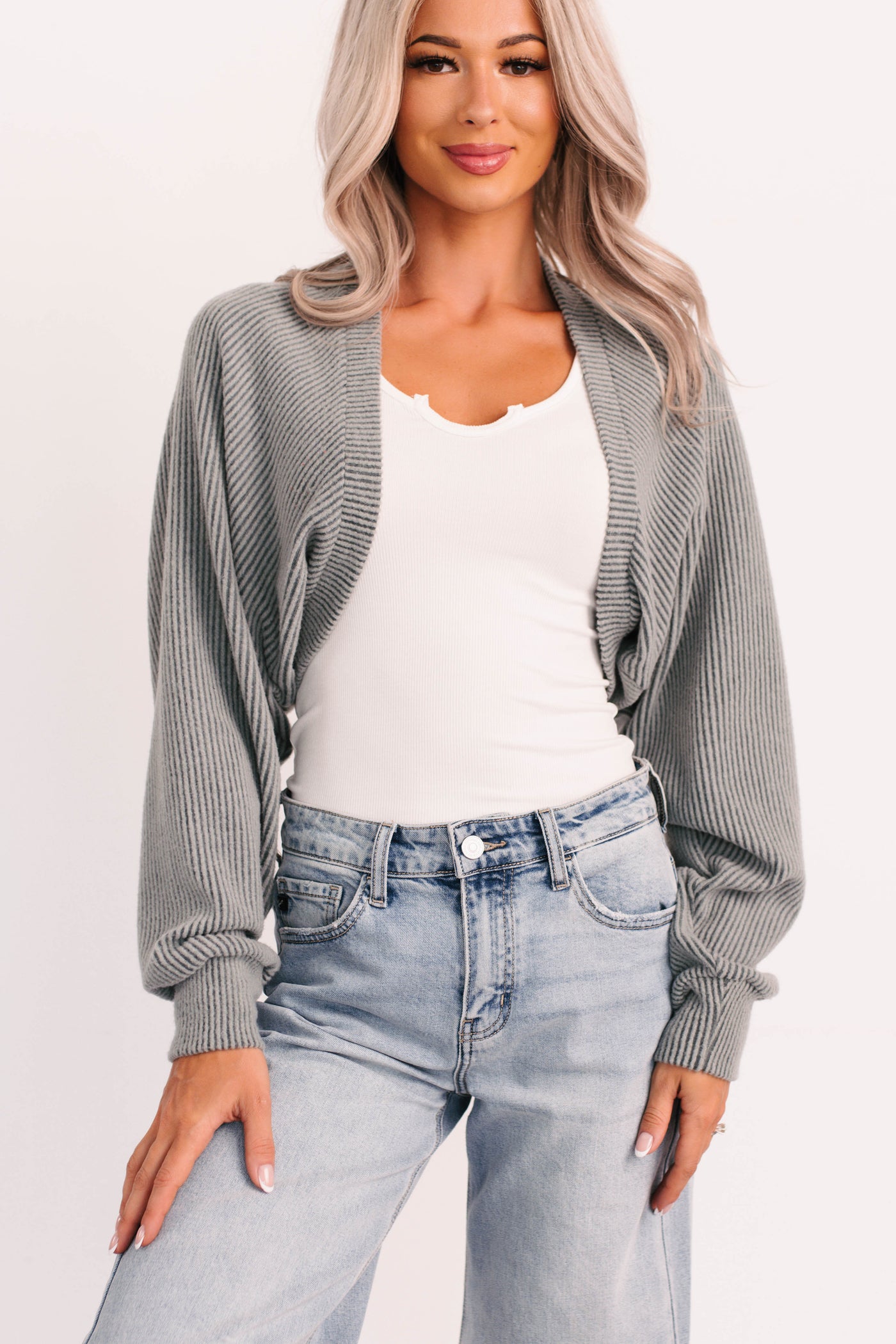 Lounge Cloud Ribbed Long Sleeve Shrug (Green Moss) - NanaMacs