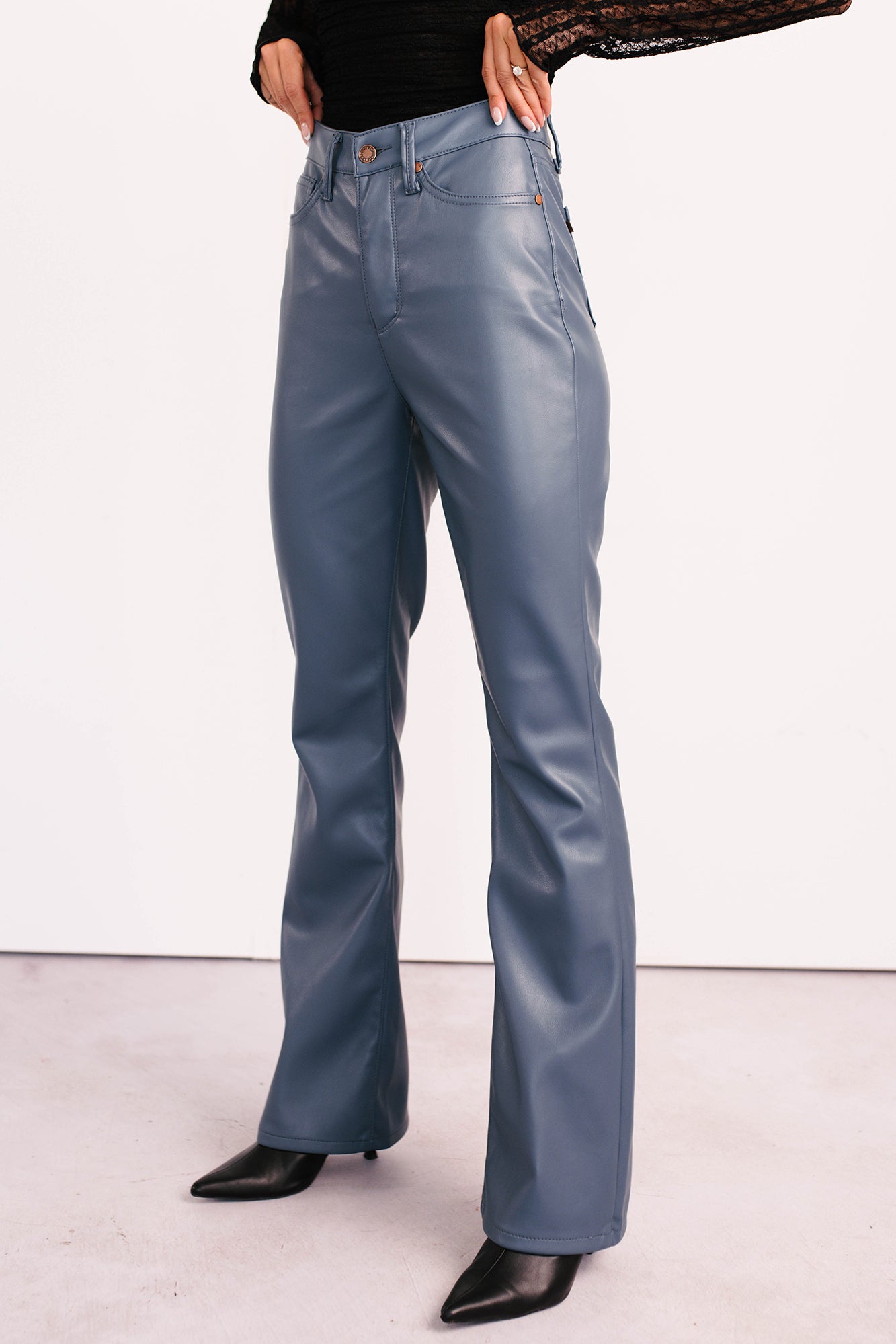 Vibe & Glow Faux Leather Judy Blue Bootcut Pants (Blue) - NanaMacs