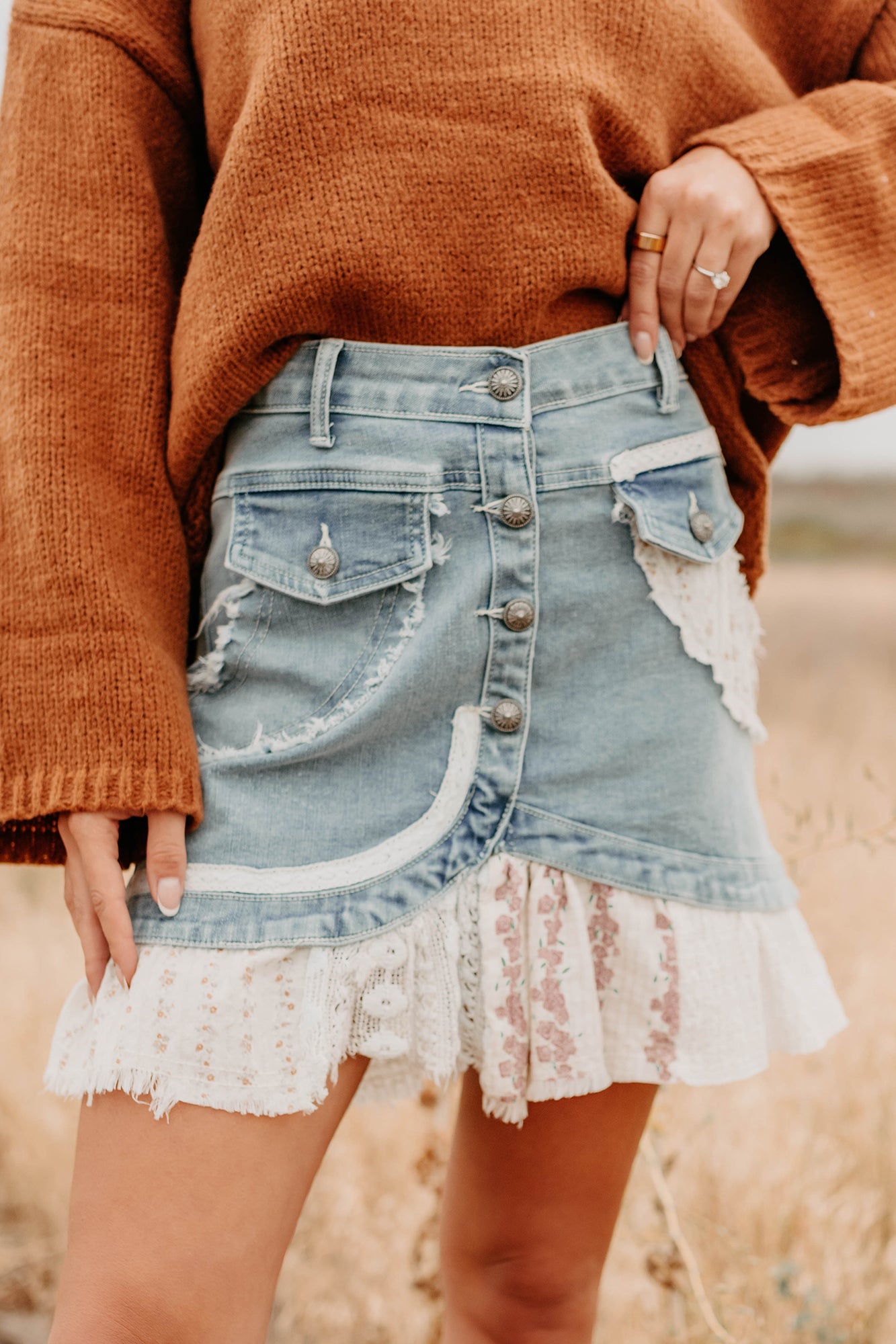 Let's Stick Together Patchwork Mini POL Skirt (Denim) - NanaMacs