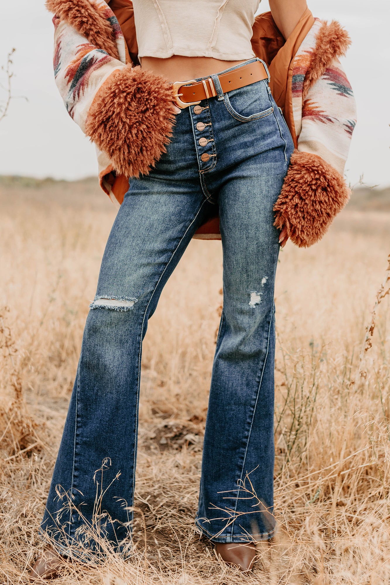 Valina High Rise Tummy Control Buttoned Flare Risen Jeans (Dark) - NanaMacs