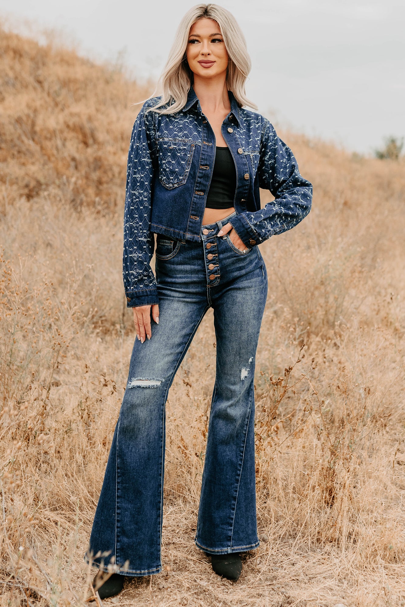 Say Less Do More Patterned Denim Jacket (Dark) - NanaMacs