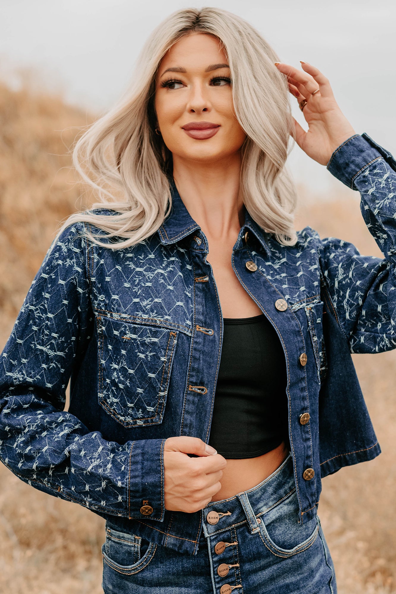 Say Less Do More Patterned Denim Jacket (Dark) - NanaMacs