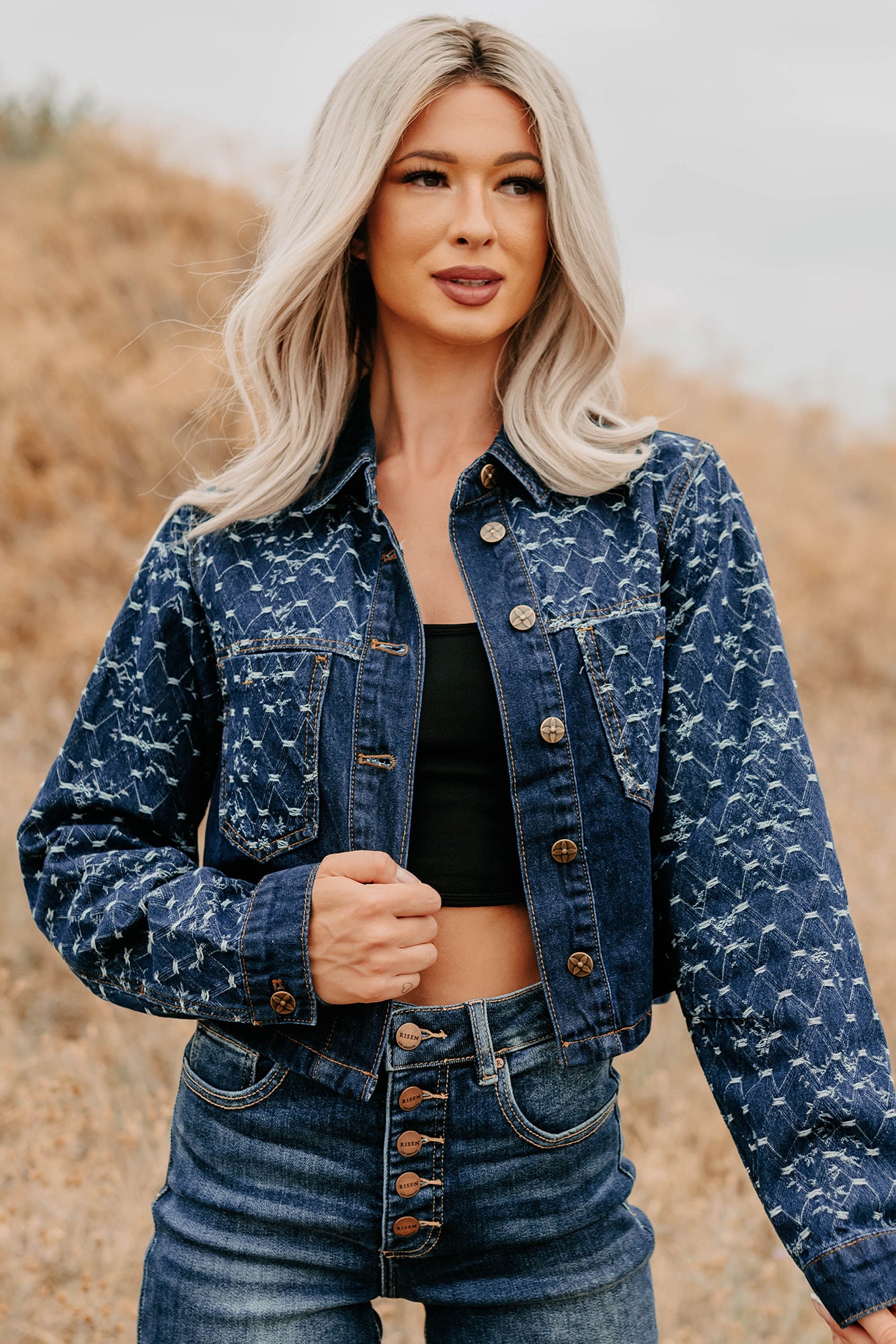 Say Less Do More Patterned Denim Jacket (Dark) - NanaMacs