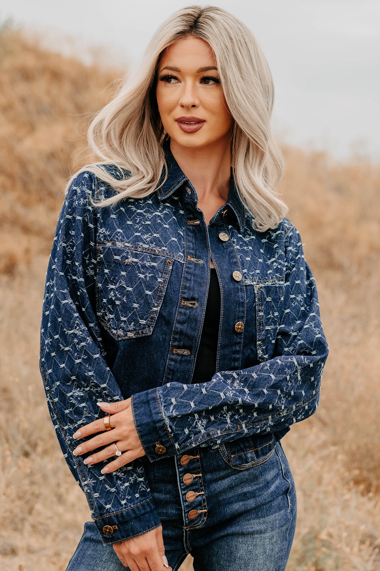 Say Less Do More Patterned Denim Jacket (Dark) - NanaMacs