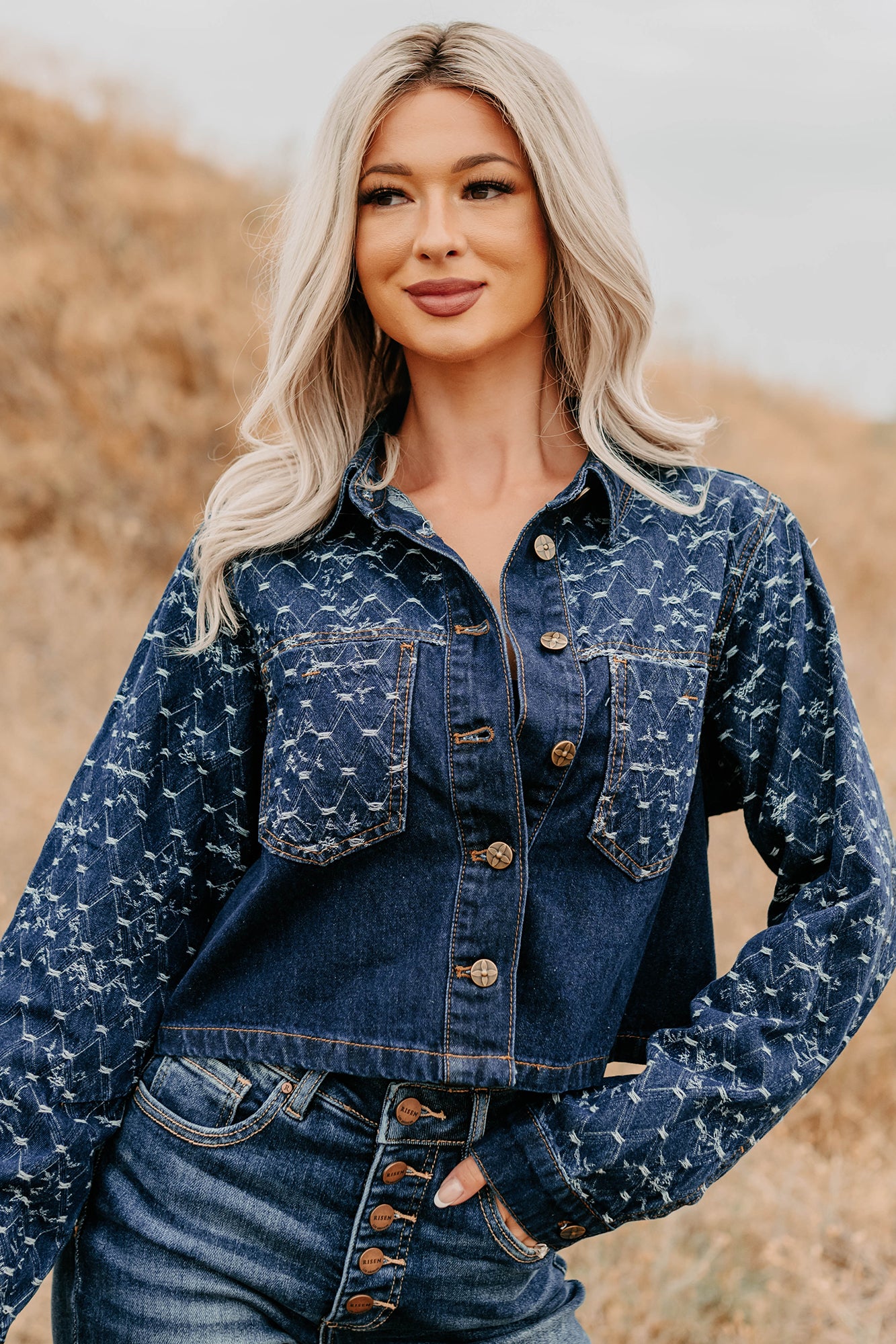 Say Less Do More Patterned Denim Jacket (Dark) - NanaMacs