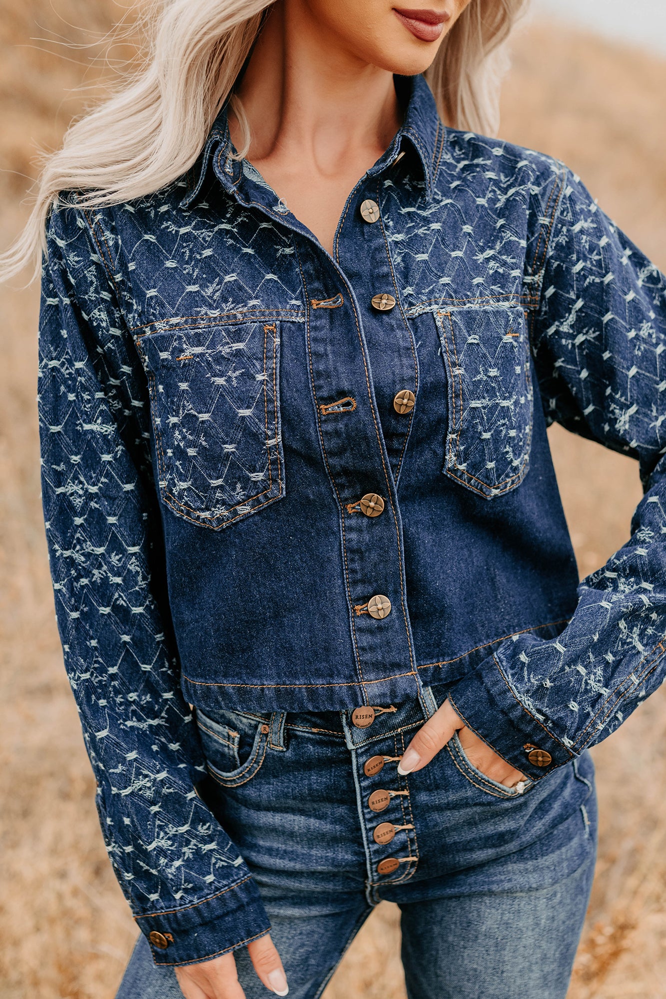 Say Less Do More Patterned Denim Jacket (Dark) - NanaMacs