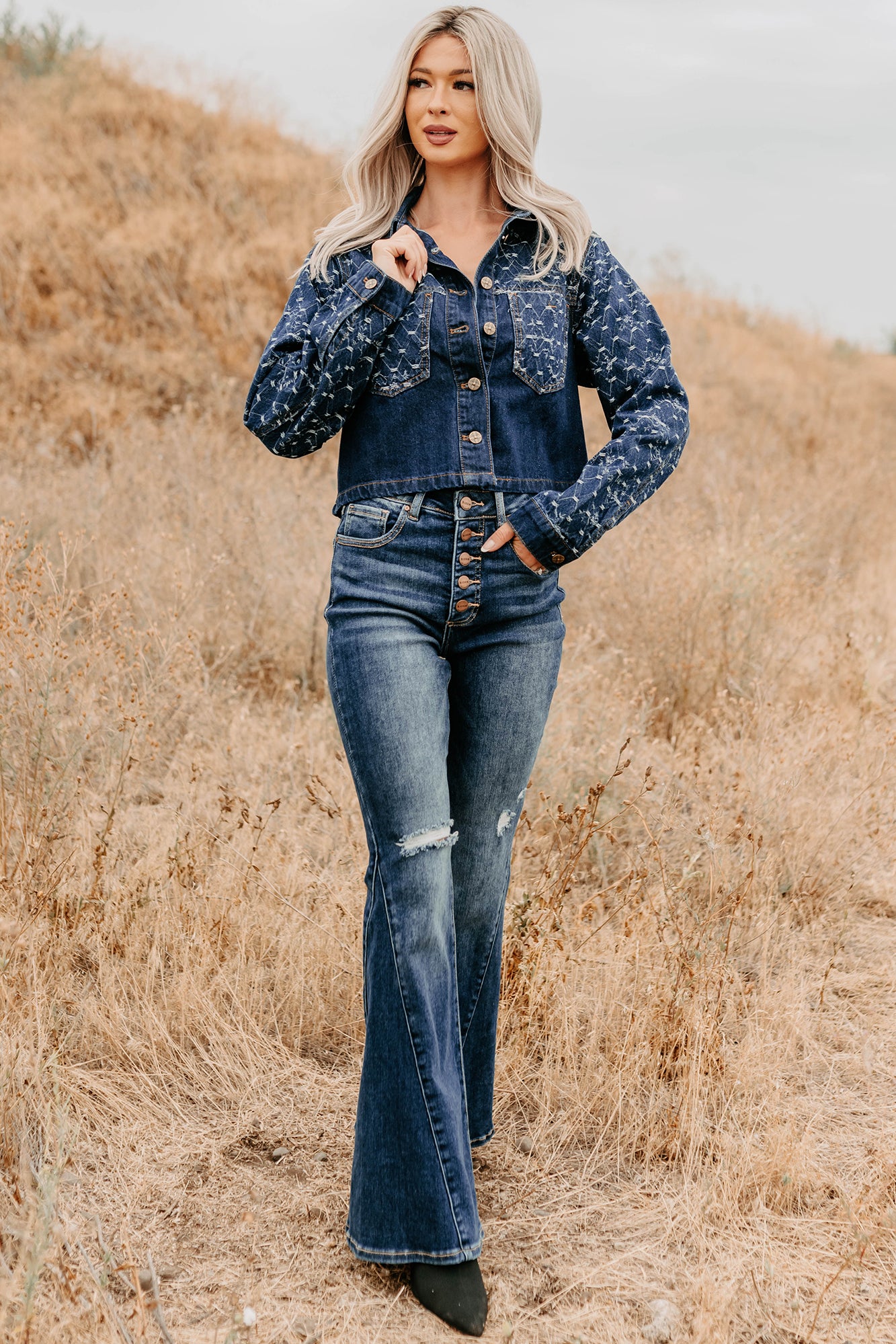 Say Less Do More Patterned Denim Jacket (Dark) - NanaMacs