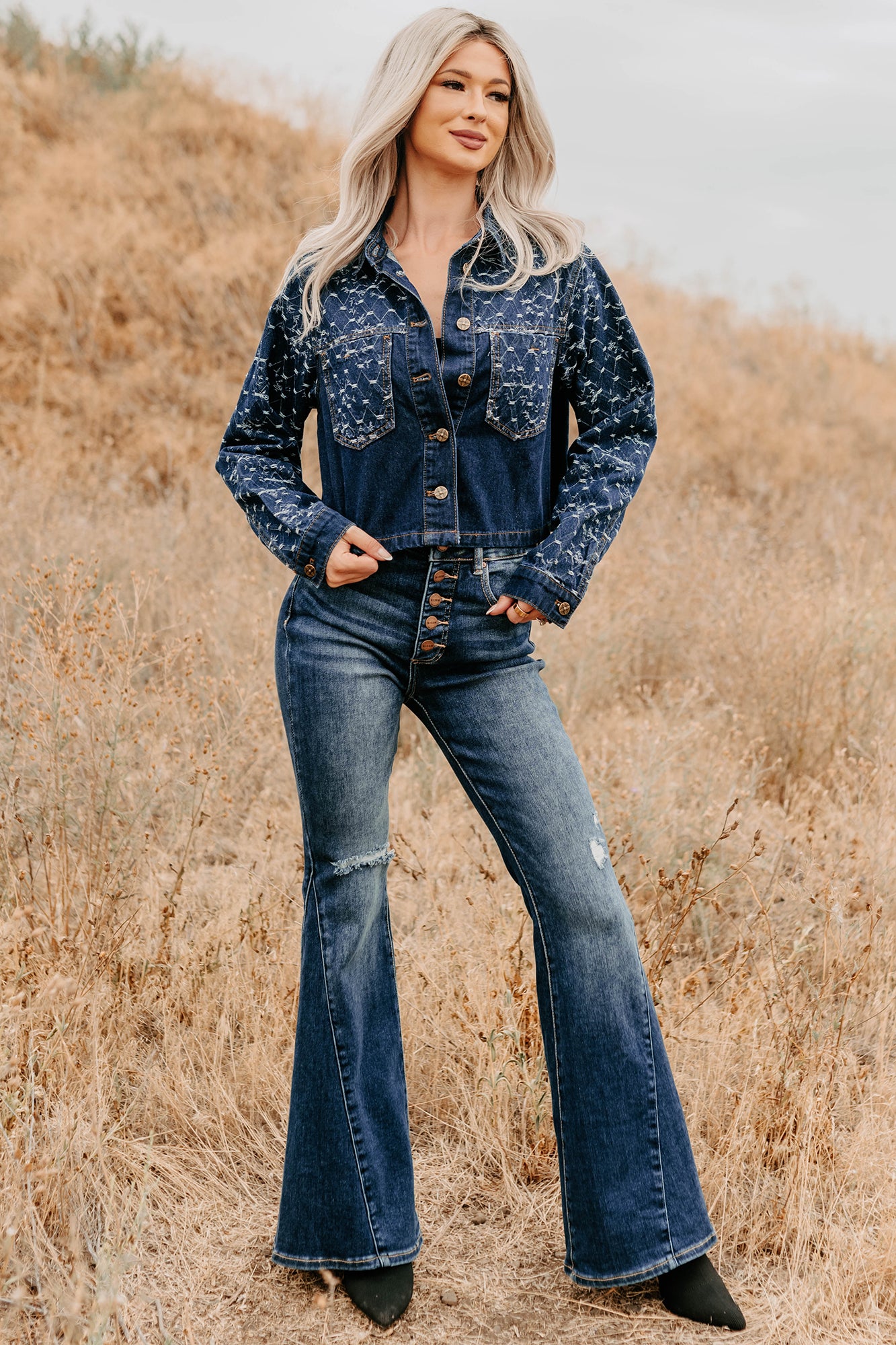 Say Less Do More Patterned Denim Jacket (Dark) - NanaMacs