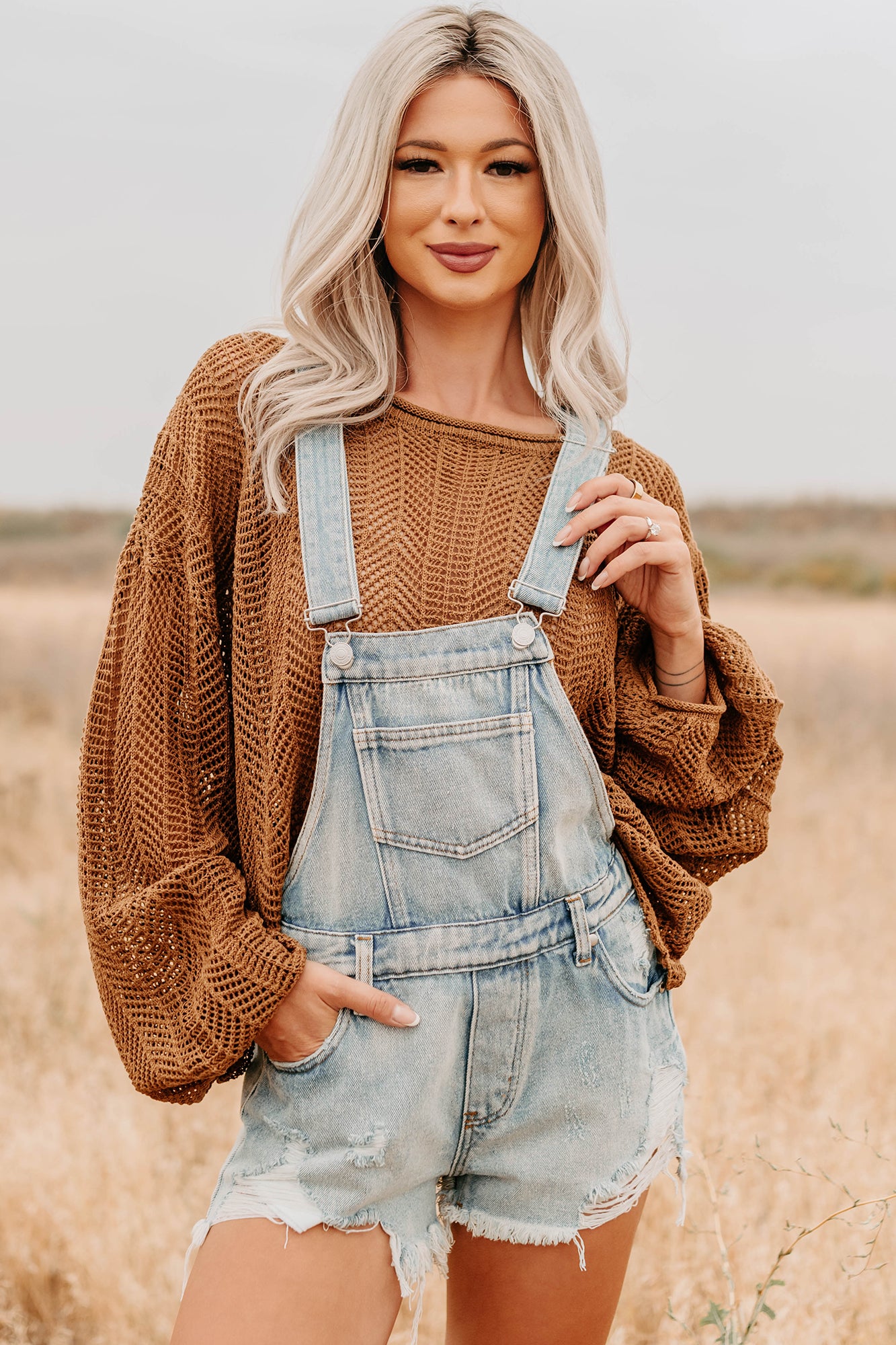 Lost On Purpose Distressed Signature 8 Overall Shorts (Light Denim) - NanaMacs