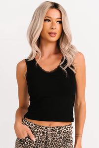 Bed Of Roses Ribbed Lace Trim Tank Top (Black) - NanaMacs