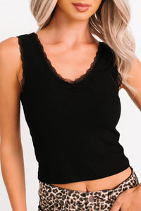 Bed Of Roses Ribbed Lace Trim Tank Top (Black) - NanaMacs