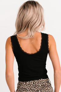 Bed Of Roses Ribbed Lace Trim Tank Top (Black) - NanaMacs