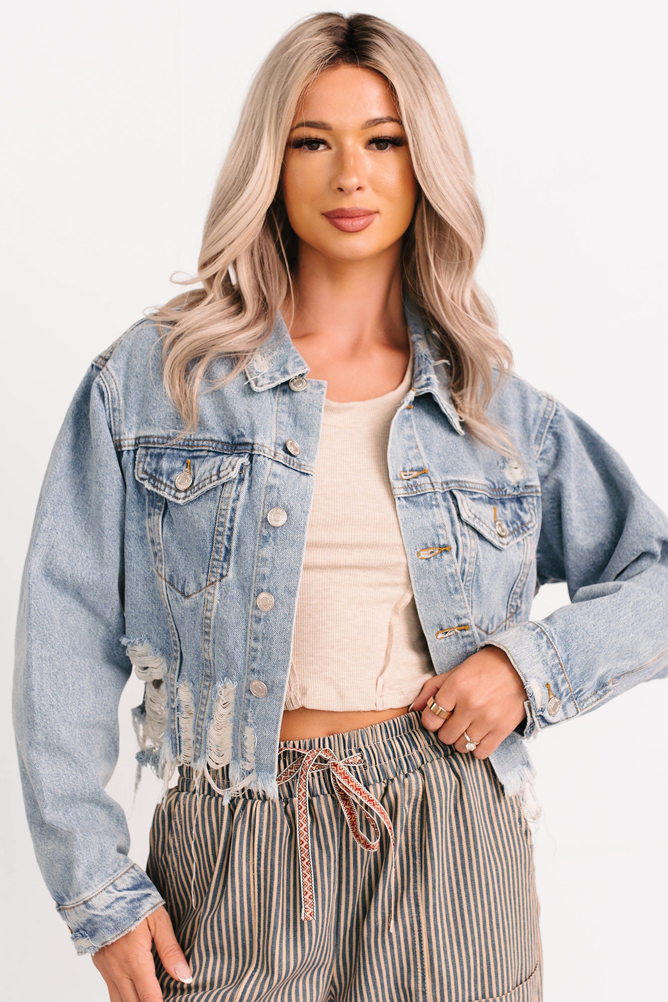 Standing Tall Signature 8 Distressed Denim Jacket (Medium Denim) - NanaMacs