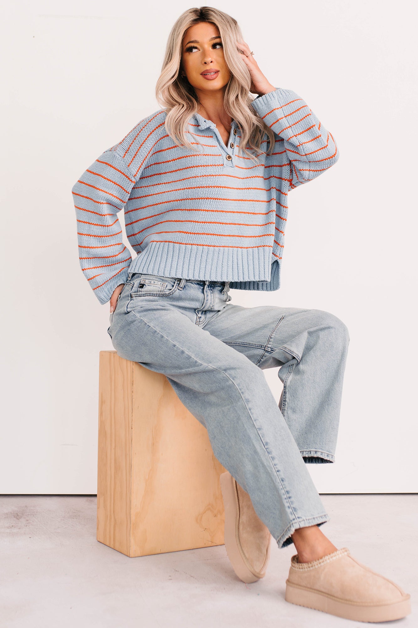 Sunday Comfort Striped Henley Sweater (Blue/Orange) - NanaMacs