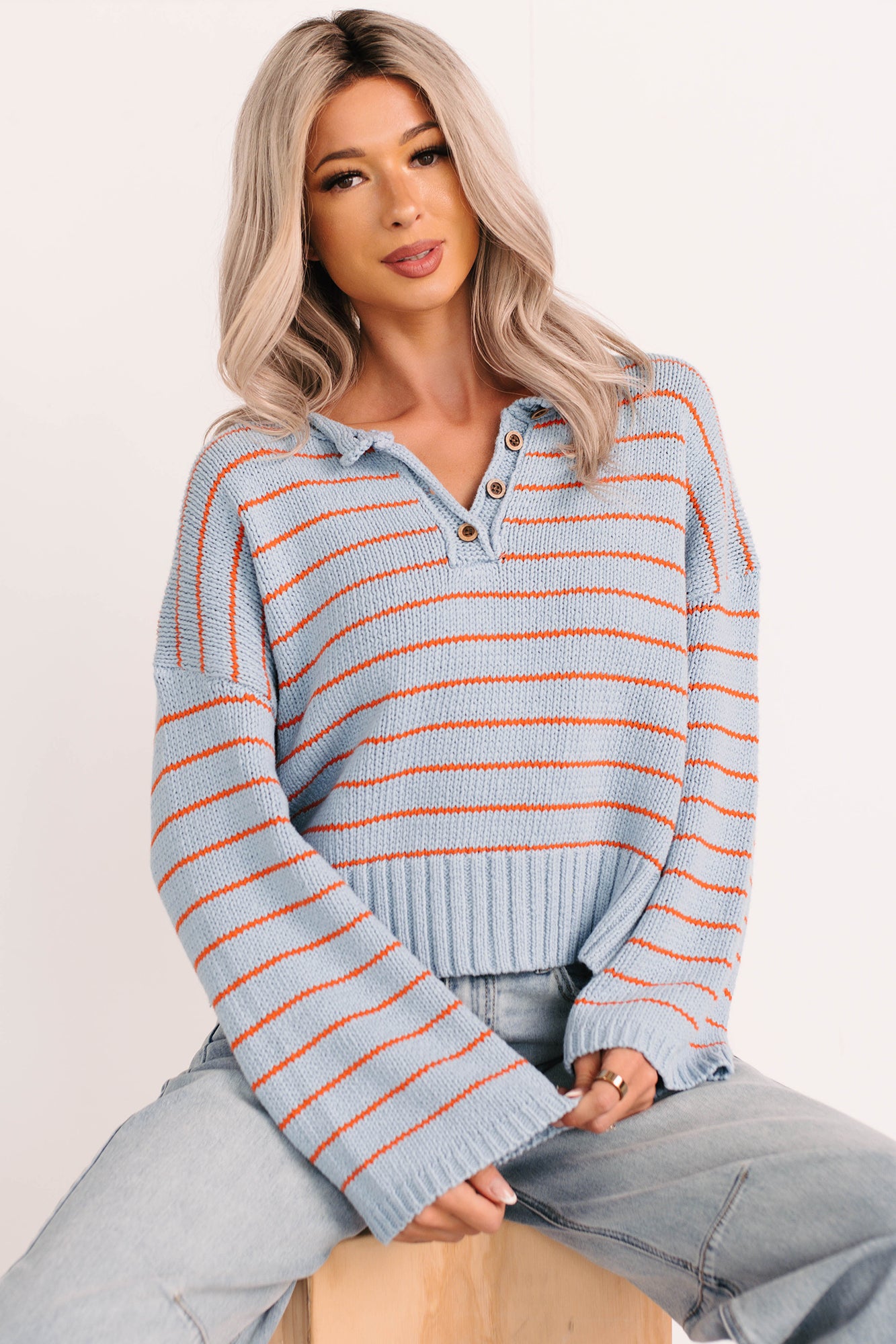 Sunday Comfort Striped Henley Sweater (Blue/Orange) - NanaMacs