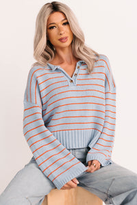 Sunday Comfort Striped Henley Sweater (Blue/Orange) - NanaMacs