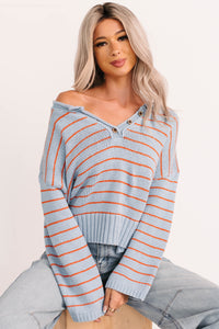 Sunday Comfort Striped Henley Sweater (Blue/Orange) - NanaMacs
