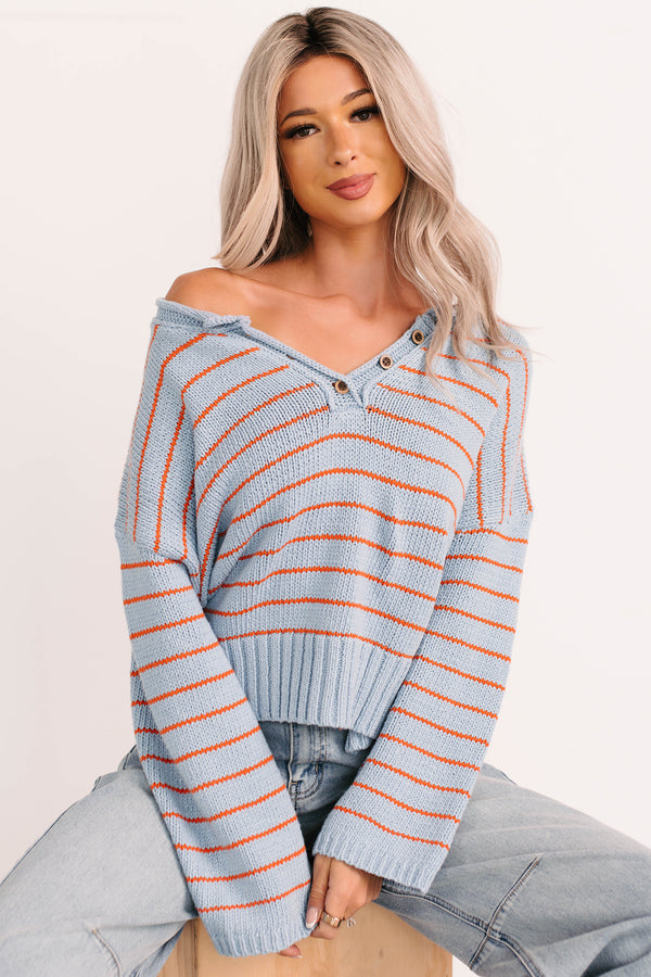 Sunday Comfort Striped Henley Sweater (Blue/Orange) - NanaMacs