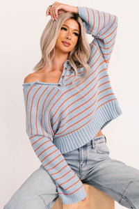Sunday Comfort Striped Henley Sweater (Blue/Orange) - NanaMacs