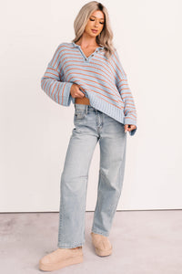 Sunday Comfort Striped Henley Sweater (Blue/Orange) - NanaMacs