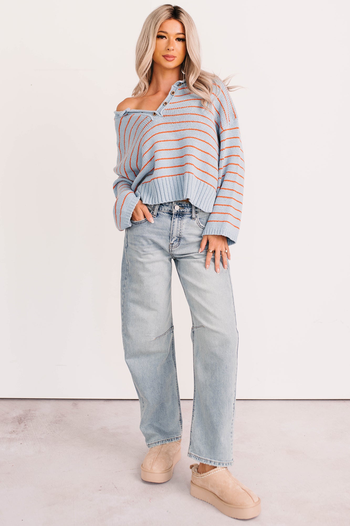 Sunday Comfort Striped Henley Sweater (Blue/Orange) - NanaMacs