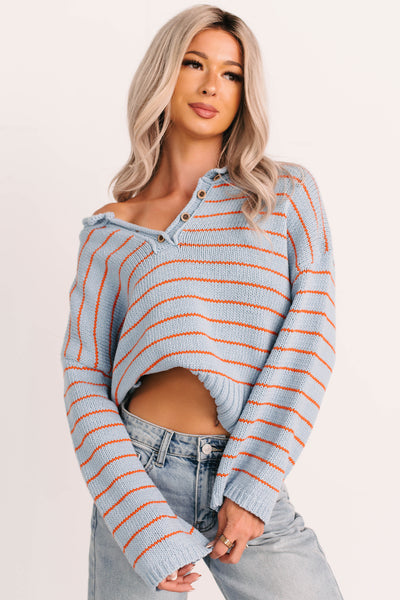 Sunday Comfort Striped Henley Sweater (Blue/Orange) - NanaMacs