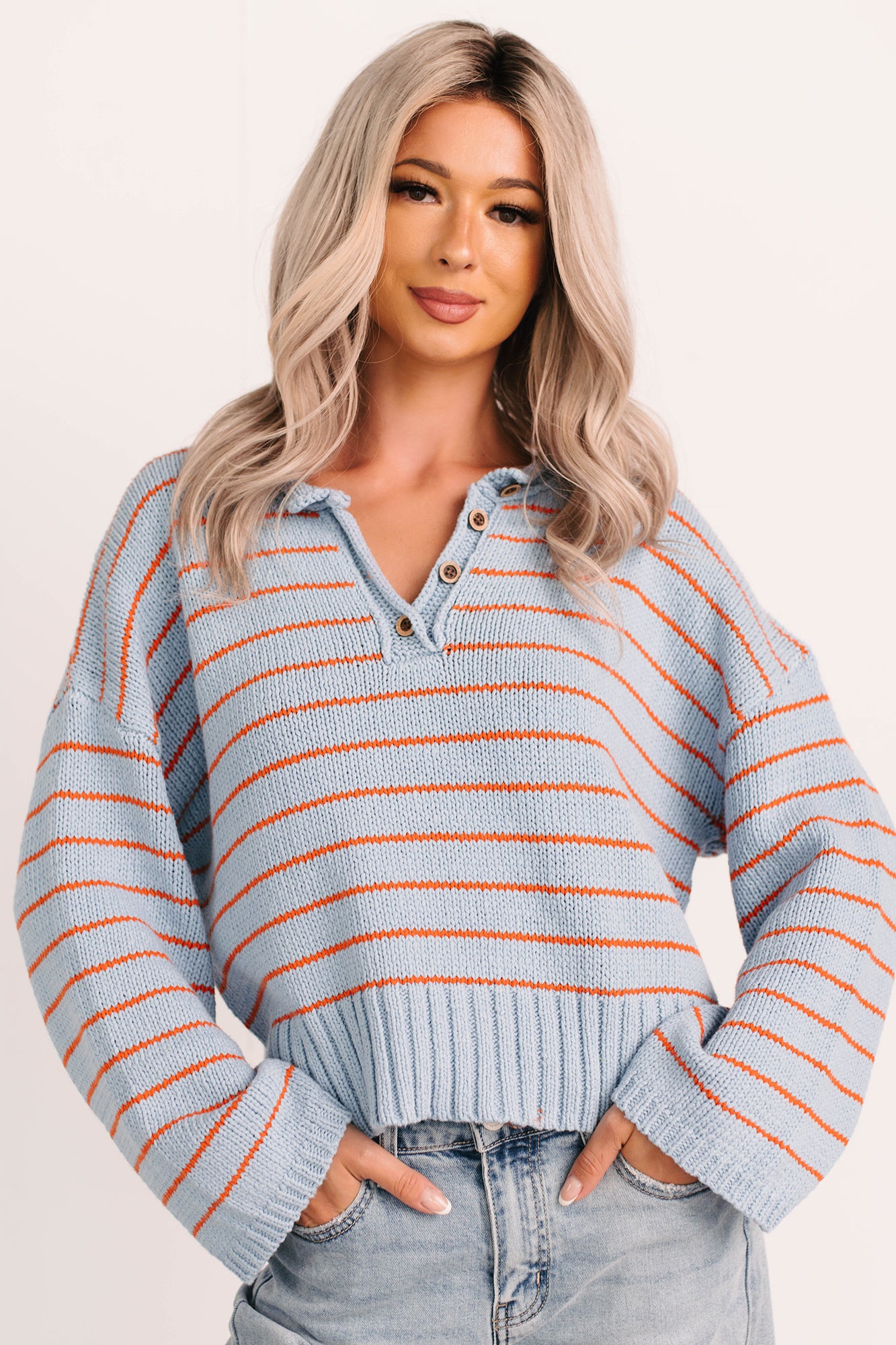 Sunday Comfort Striped Henley Sweater (Blue/Orange) - NanaMacs
