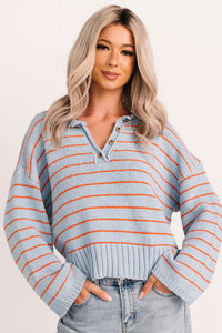 Sunday Comfort Striped Henley Sweater (Blue/Orange) - NanaMacs