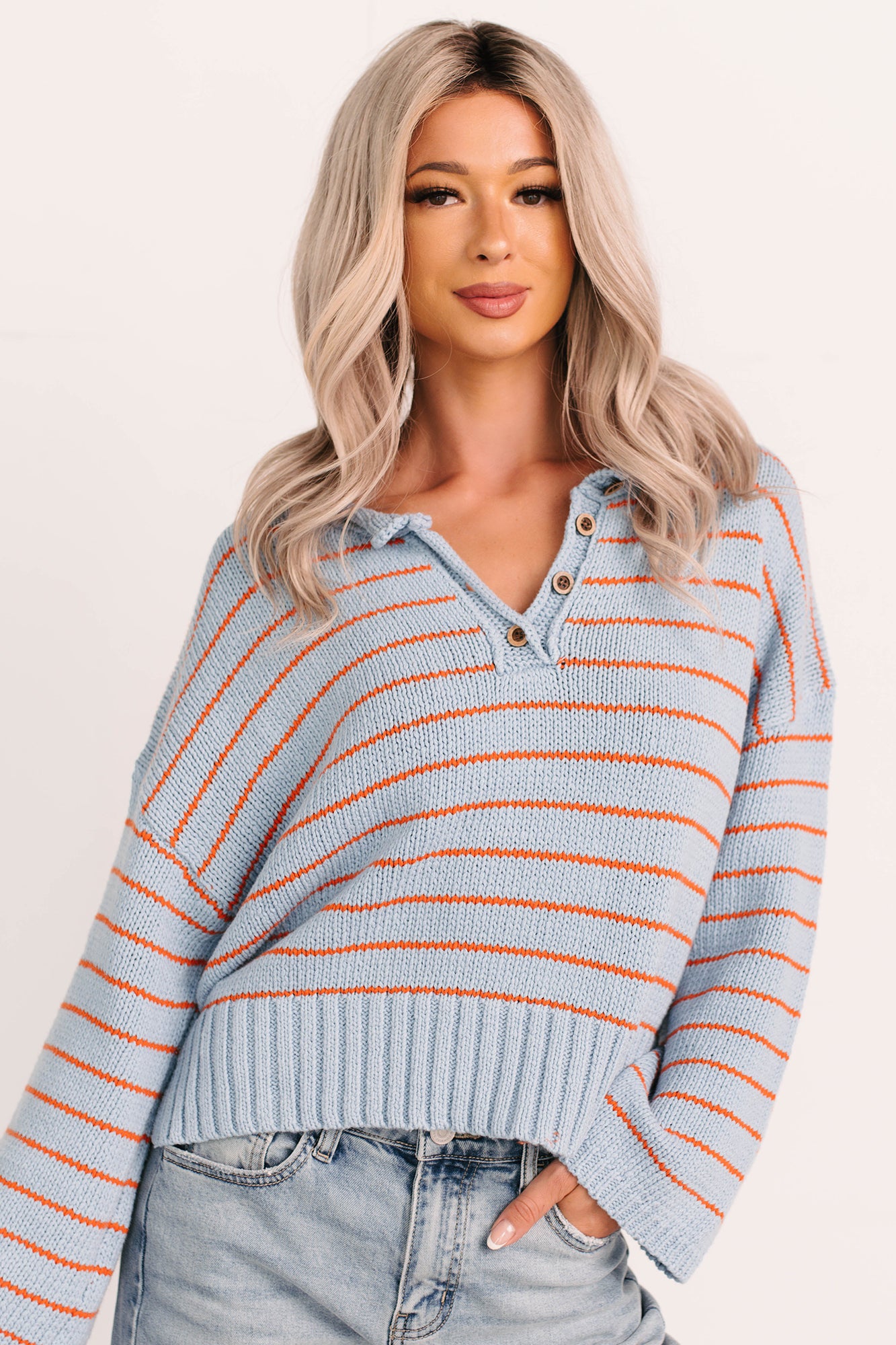 Sunday Comfort Striped Henley Sweater (Blue/Orange) - NanaMacs