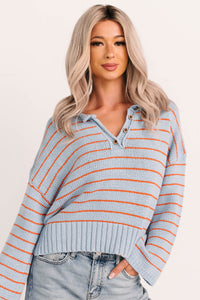 Sunday Comfort Striped Henley Sweater (Blue/Orange) - NanaMacs