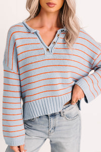 Sunday Comfort Striped Henley Sweater (Blue/Orange) - NanaMacs