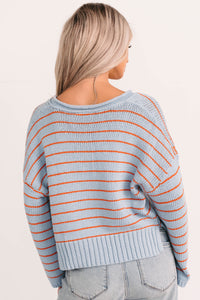 Sunday Comfort Striped Henley Sweater (Blue/Orange) - NanaMacs