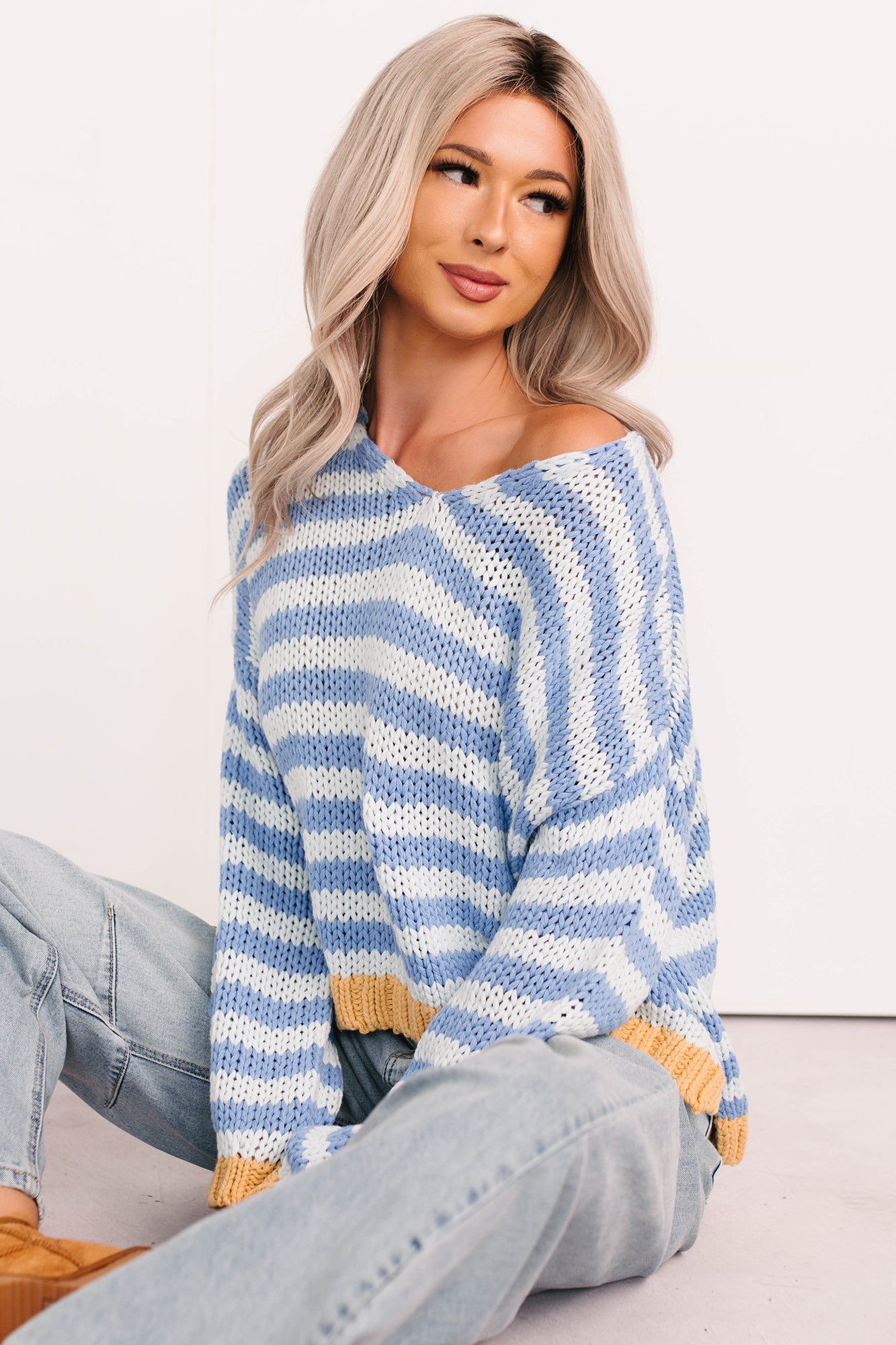 Deep Trance Relaxed Stripe Sweater (Denim/Mustard) - NanaMacs