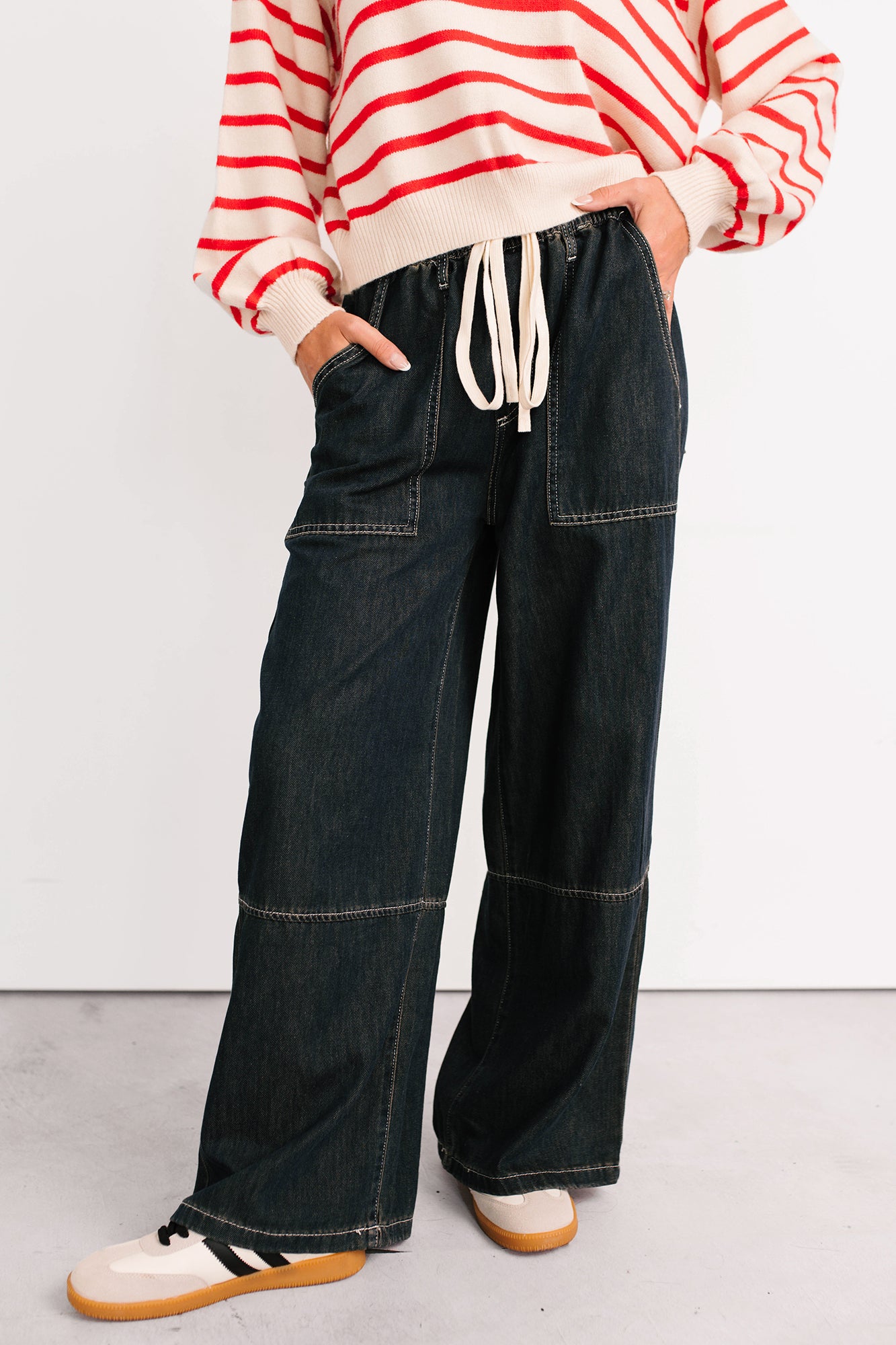 Chill Energy Wide Leg Drawstring Pants (Grey Denim) - NanaMacs