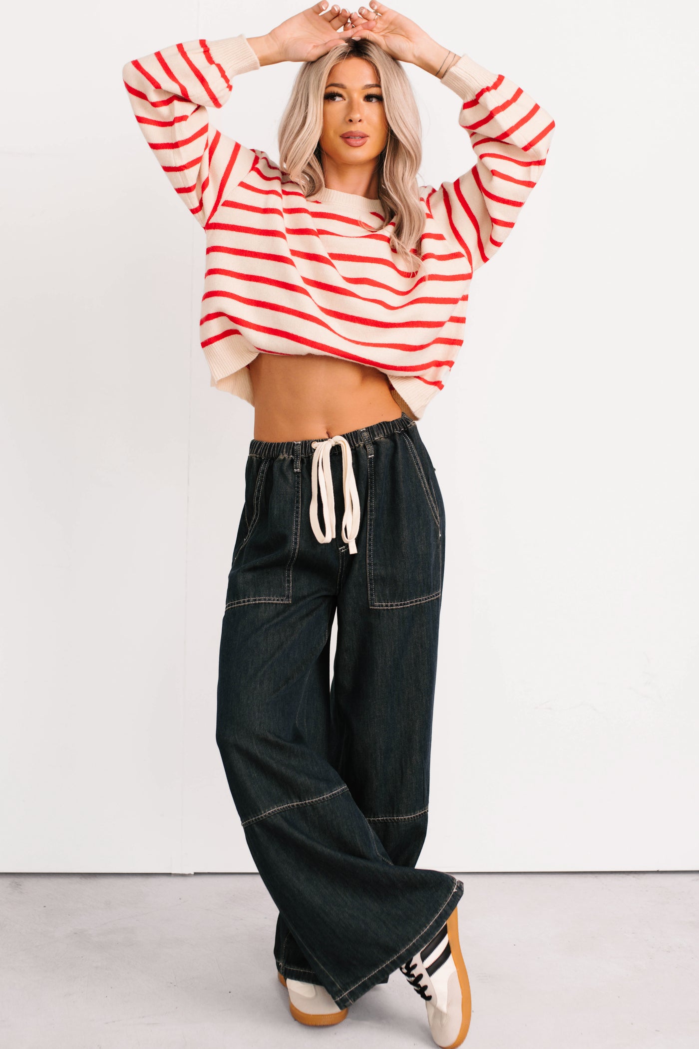 Chill Energy Wide Leg Drawstring Pants (Grey Denim) - NanaMacs