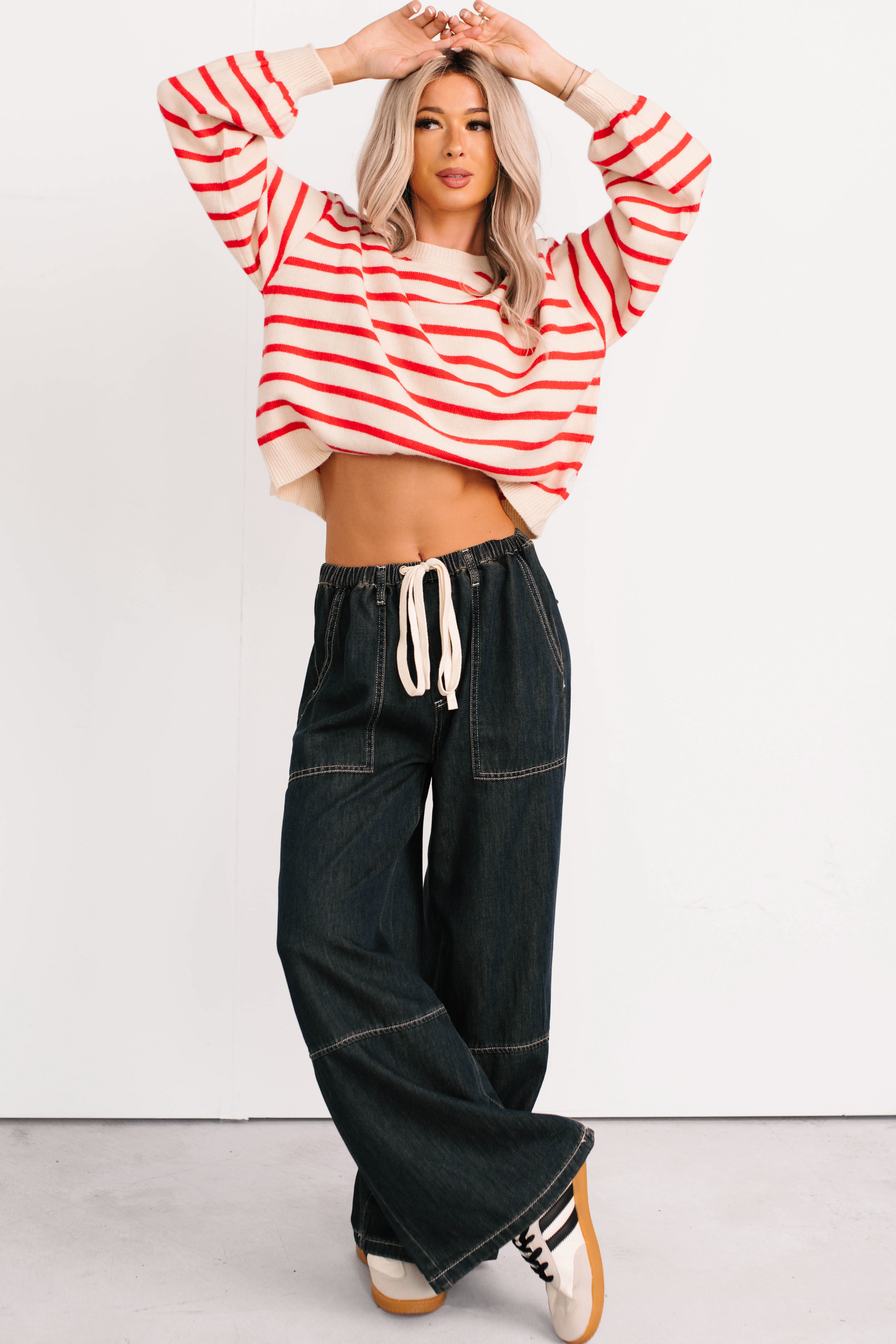 Chill Energy Wide Leg Drawstring Pants (Grey Denim) - NanaMacs