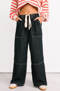 Chill Energy Wide Leg Drawstring Pants (Grey Denim) - NanaMacs
