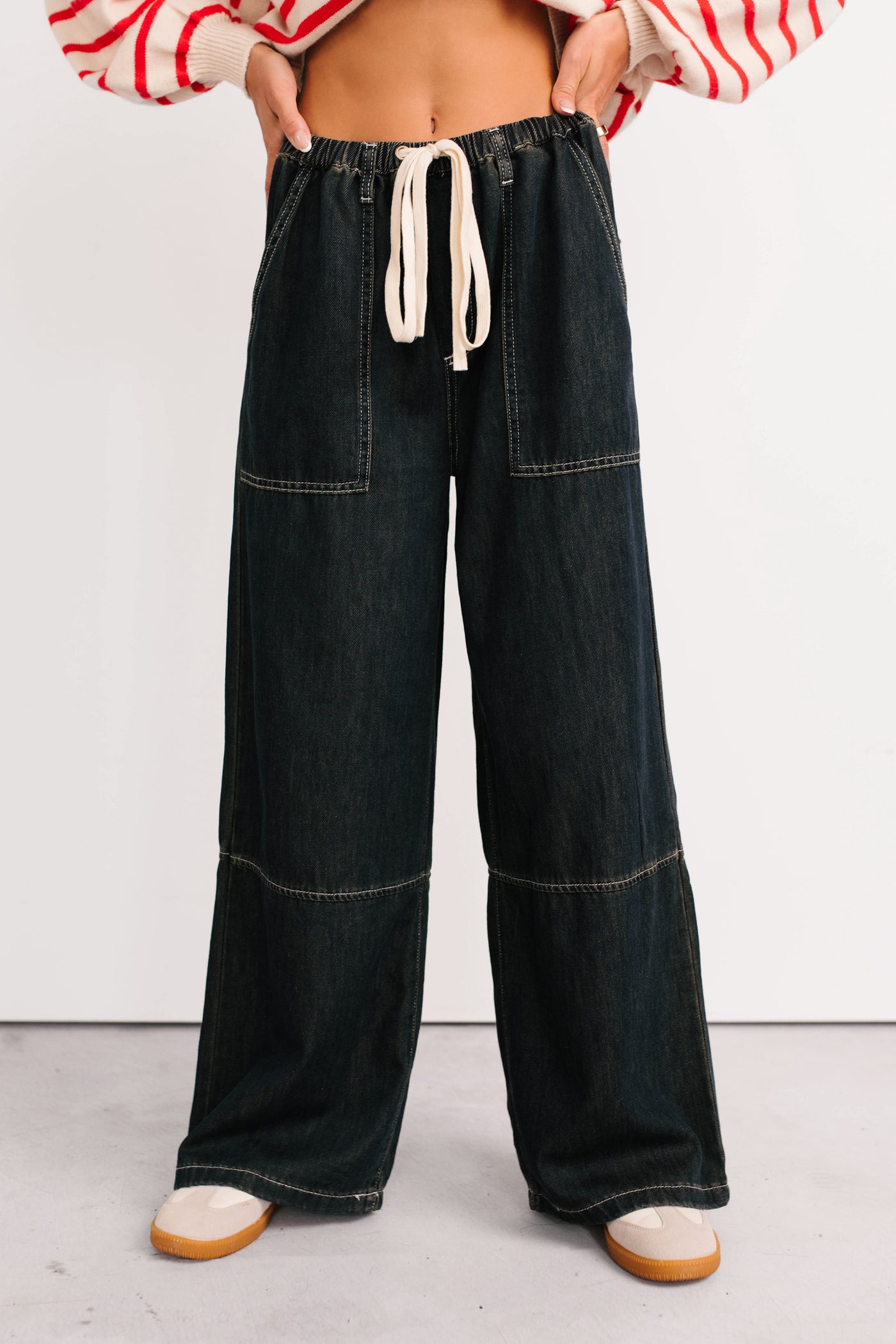 Chill Energy Wide Leg Drawstring Pants (Grey Denim) - NanaMacs