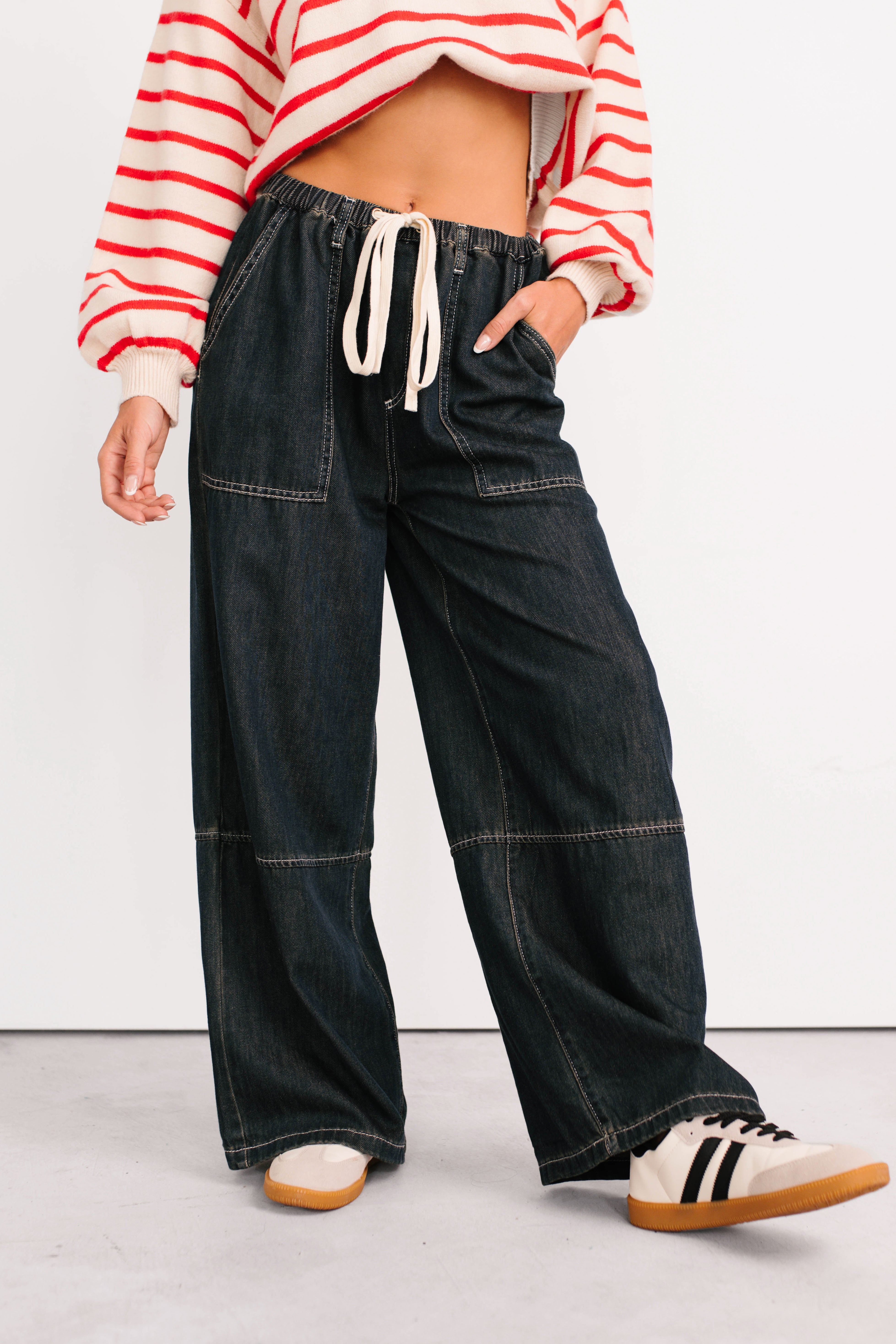 Chill Energy Wide Leg Drawstring Pants (Grey Denim) - NanaMacs