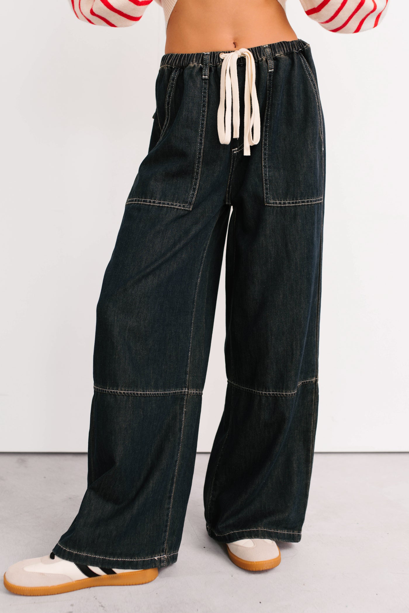 Chill Energy Wide Leg Drawstring Pants (Grey Denim) - NanaMacs