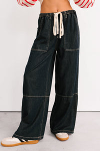 Chill Energy Wide Leg Drawstring Pants (Grey Denim) - NanaMacs