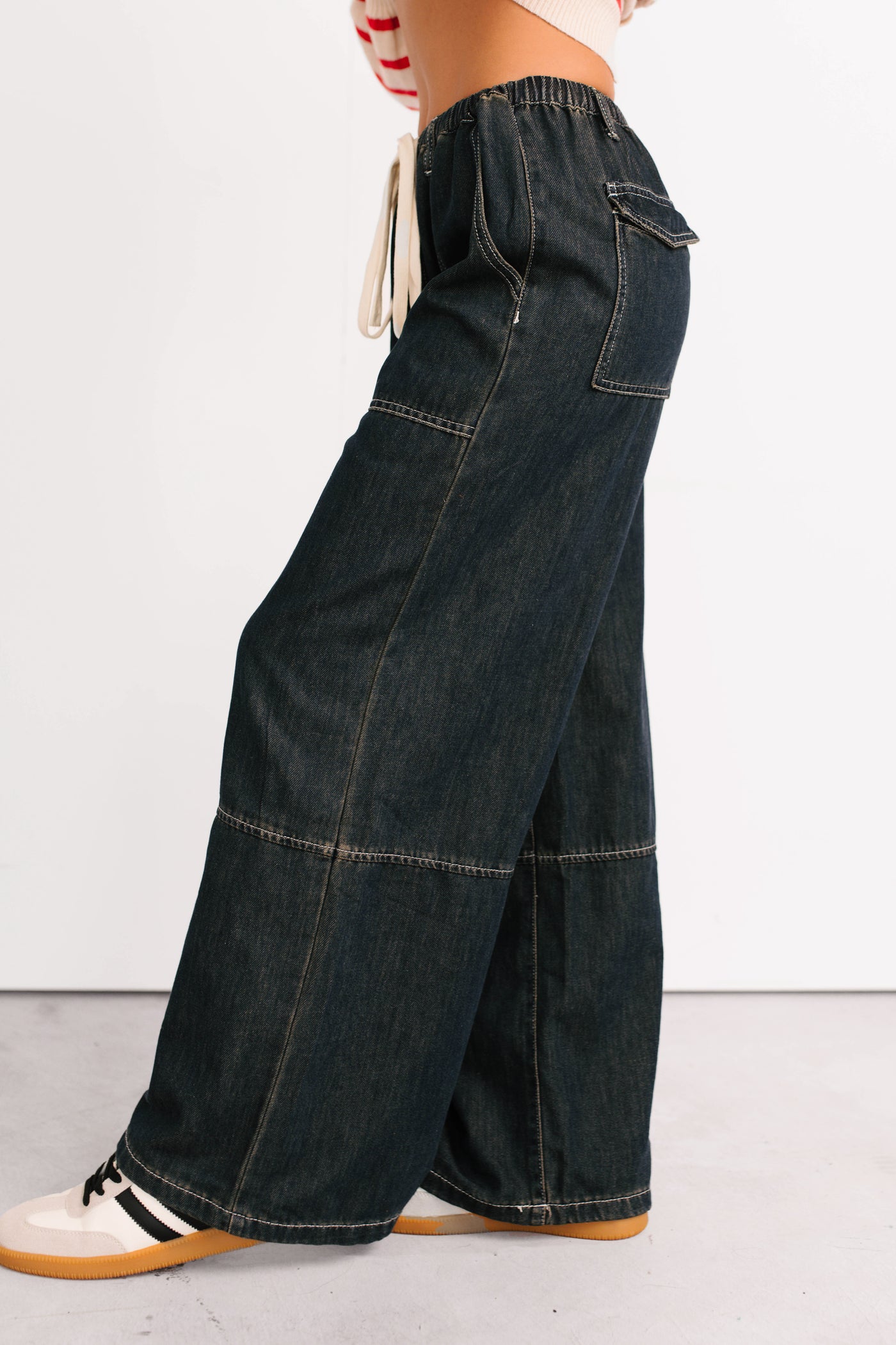 Chill Energy Wide Leg Drawstring Pants (Grey Denim) - NanaMacs