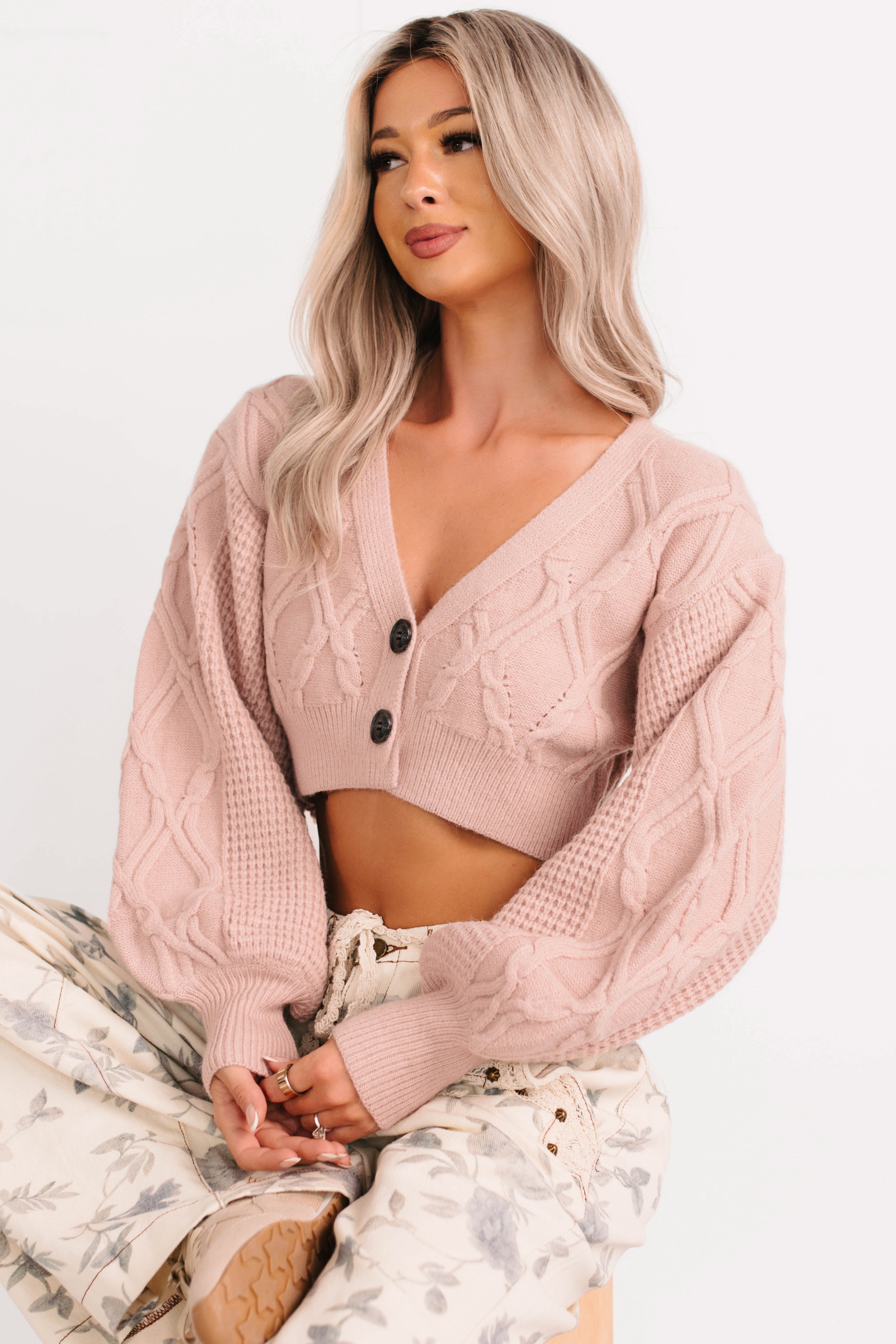 True Escapism Cropped Cable Knit Cardigan (Pink) - NanaMacs