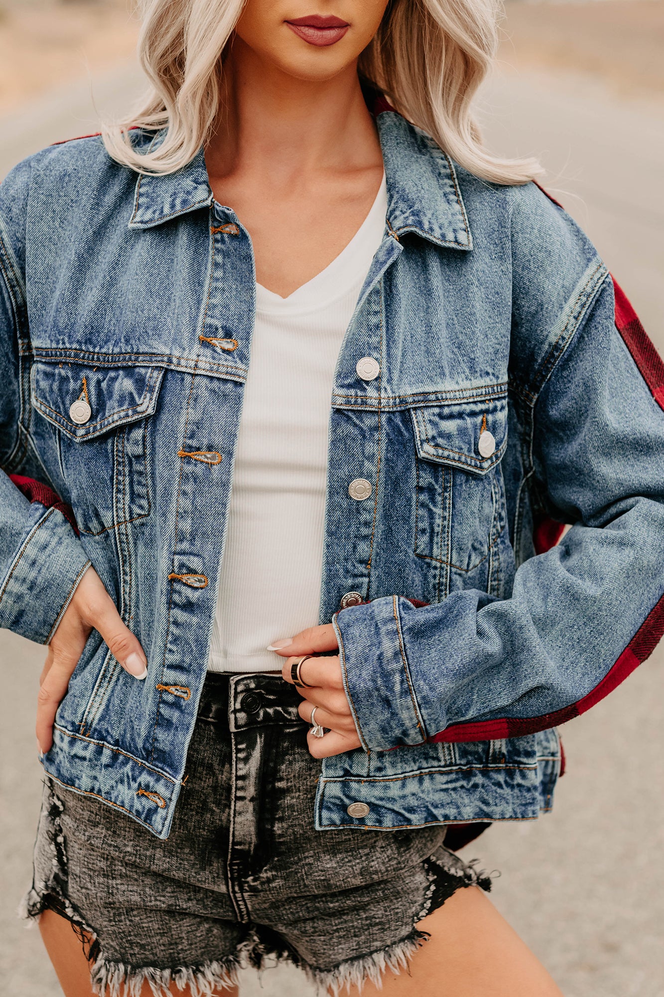 No Apologies Signature 8 Denim Plaid Jacket (Dark Wash) - NanaMacs