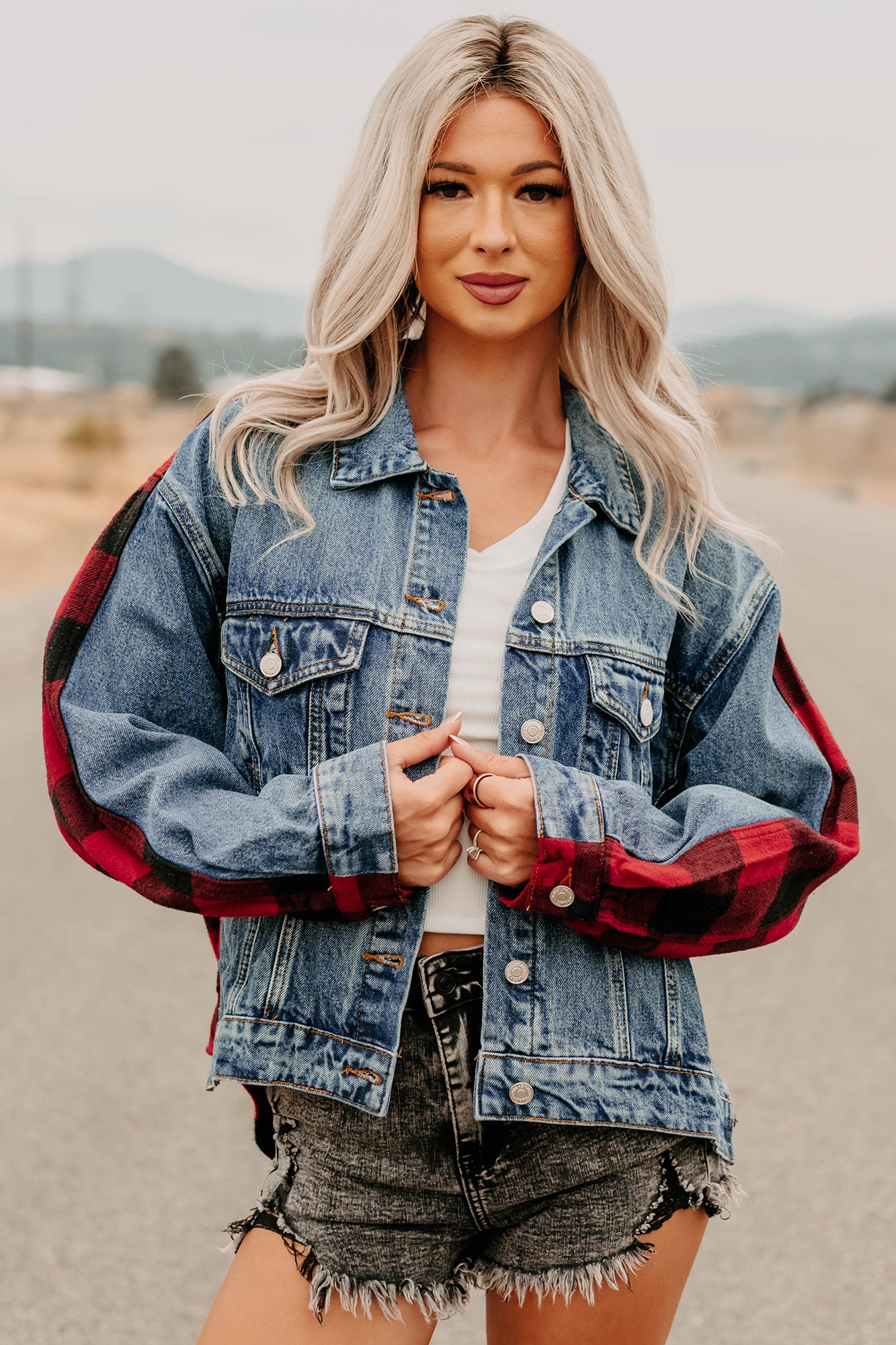 No Apologies Signature 8 Denim Plaid Jacket (Dark Wash) - NanaMacs