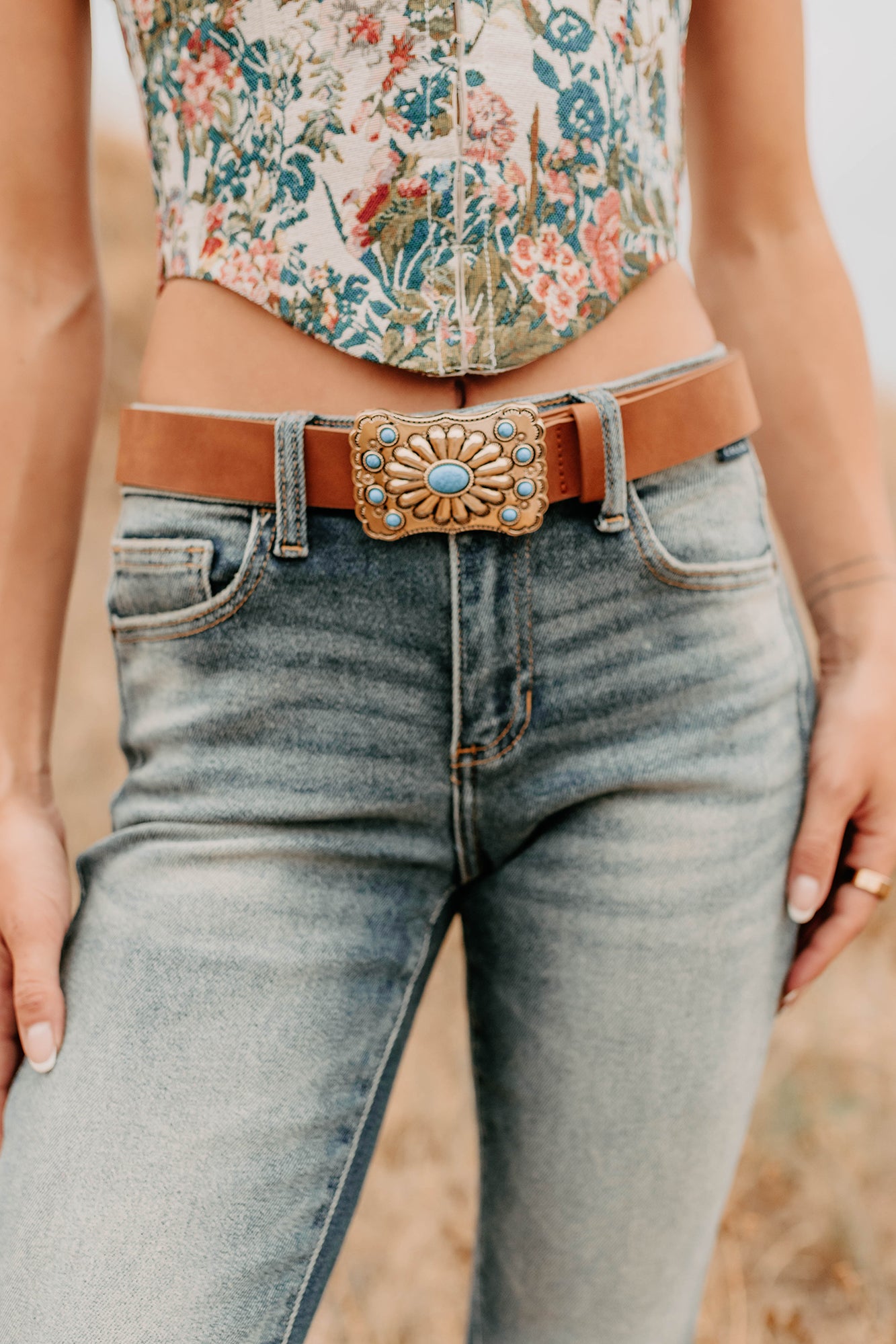 Canyon Ridge Concho Turquoise Medallion Belt (Gold/Brown) - NanaMacs