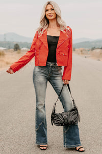 Poised Progress Rhinestone Fringe Signature 8 Moto Jacket (Red) - NanaMacs