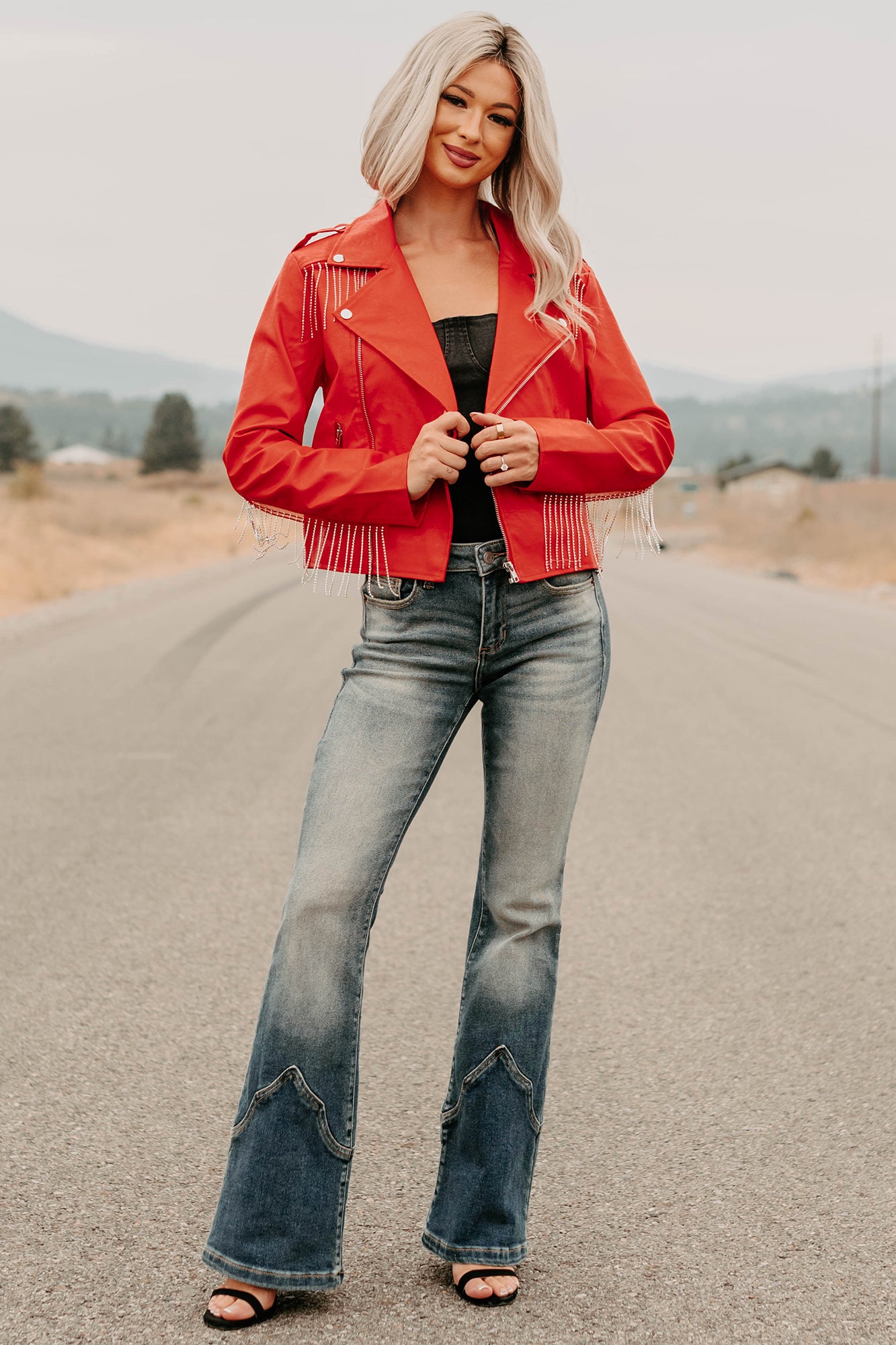 Poised Progress Rhinestone Fringe Signature 8 Moto Jacket (Red) - NanaMacs